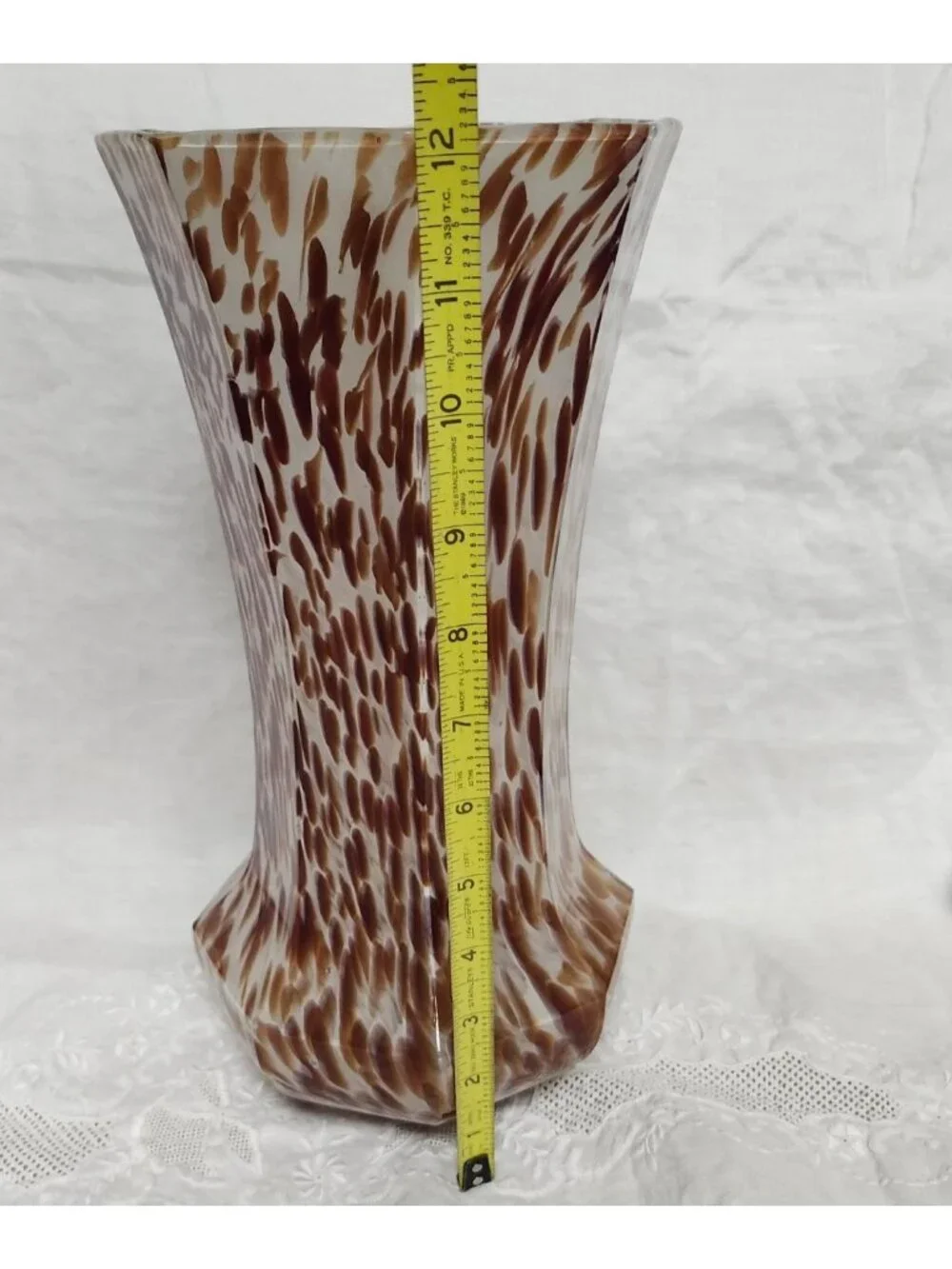 Vintage White Cristal Co Hand Blown Vase Italy Brown Spotted Glass Art Decor 10